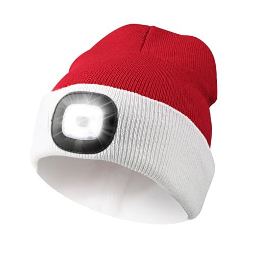 TAGVO Weihnachten Mütze mit Licht, Wiederaufladbare USB Laufmütze Beanie Beleuchtete Mütze mit Licht, Superhelle 8 LED Stirnlampe Winterwarm Strickmütze, Weihnachten Geschenk für Männer Frauen Papa von TAGVO