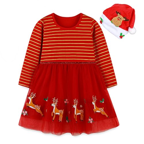 TAGVO Weihnachtskleid mädchen, Weihnachtskostüme für Kinder, Langarm Rock Weihnachten Kleid Rundhalsausschnitt, Kinder Xmas Tree Rentier Baumwolle Casual Kleid für Mädchen 2-7 Jahre alt von TAGVO