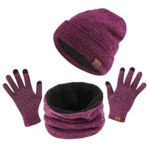 TAGVO Winter Beanie Hut, Schal, Touchscreen Handschuhe 3 in 1 Warmes Zubehör Kit, Weiches Fleece Innenfutter Tolles Warm, Stretchy Strick Beanie Cap, Elastischer Nackenwärmer von TAGVO