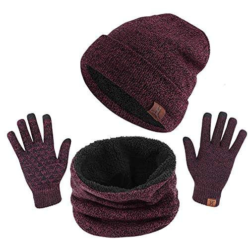 TAGVO Winter Beanie Hut, Schal, Touchscreen Handschuhe 3 in 1 Warmes Zubehör Kit, Weiches Fleece Innenfutter Tolles Warm, Stretchy Strick Beanie Cap, Elastischer Nackenwärmer von TAGVO