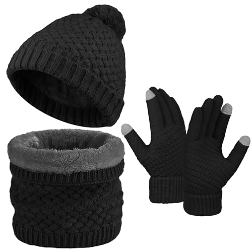 TAGVO Winter Beanie Mütze Schal Handschuhe Set Damen,Strickmütze Schlauchschal Touchscreen Handschuhe 3 in 1,Fleecefutter Warme Mützen loop Schal Wollmütze, Winter Beanie Schal Set Unisex von TAGVO