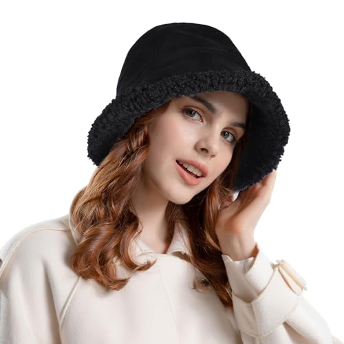 TAGVO Winter Fischerhut Damen, Winddicht Breitkrempiger Fischerhut Damen Mütze mit Weichem Fleece Innenfutter, Mode Casual Winter Warme Mütze für Mädchen Outdoor Einkaufen Wander Party von TAGVO
