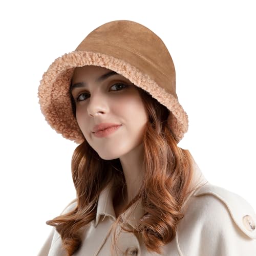 TAGVO Winter Fischerhut Damen, Winddicht Breitkrempiger Fischerhut Damen Mütze mit Weichem Fleece Innenfutter, Mode Casual Winter Warme Mütze für Mädchen Outdoor Einkaufen Wander Party von TAGVO