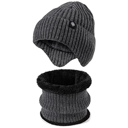 TAGVO Winter Mütze Beanie Schal Set Herren Damen Warme Wolle Strickmütze Wintermütze und Loop Schal mit Fleecefutter für Ski von TAGVO