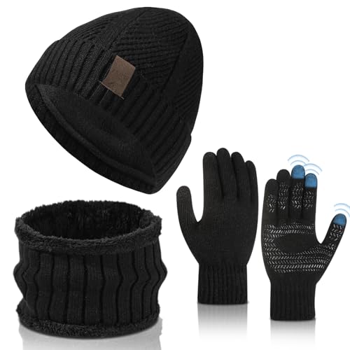 TAGVO Winter Mütze Schal Touchscreen Handschuhe Set Für Herren Damen, Wintermütze Thermo Loop Schal Rutschfeste Handschuhe Fleecefutter Schlauchschal Beanie Strickmütze Knit Hut 3-in-1 Winter Set von TAGVO