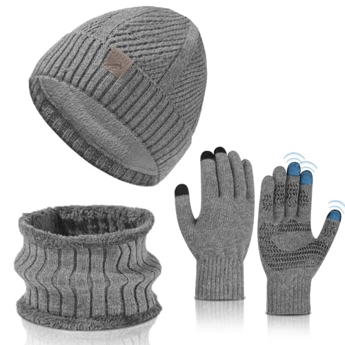 TAGVO Winter Mütze Schal Touchscreen Handschuhe Set Für Herren Damen, Wintermütze Thermo Loop Schal Rutschfeste Handschuhe Fleecefutter Schlauchschal Beanie Strickmütze Knit Hut 3-in-1 Winter Set von TAGVO