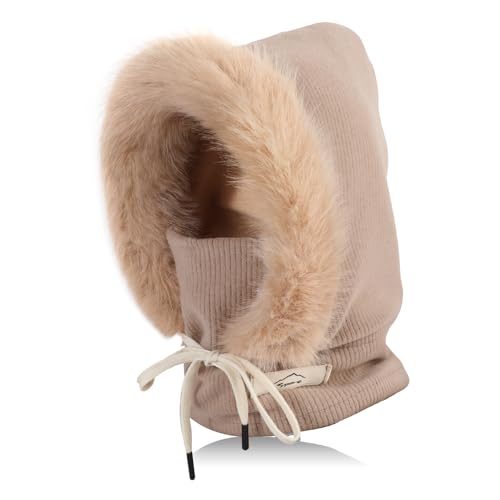 TAGVO Winter Strickmütze Damen, Slouch Beanie Mütze mit Weichem Fleece Innenfutter, Multifunktional Winddicht Skimaske Sturmhaube Kapuzenpulli-Mütze mit Halswärmer Wintermütze Damen für Outdoor von TAGVO