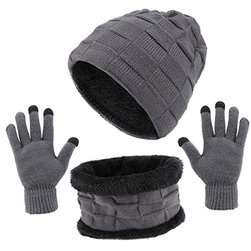 TAGVO Winter Unisex Beanie Mütze Schal Touchscreen Handschuhe Set 3 in 1, Dickes Fleece-Innenmaterial, Stretch-Strickmütze für Motorrad-Skifahren, Nackenwärmer, Touch-Handschuhe für Sport im Freien von TAGVO