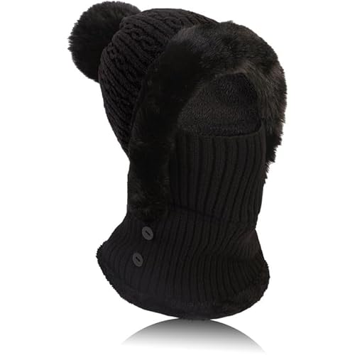 TAGVO Winter Warm Strickmütze Halswärmer-Sets, Damen Wintermütze Flexible Strickmütze mit Haarball, Balaclava Sturmhaube Weiches, Dickes Fleece gefüttert, Verstellbare Gesichtsmaske für Frauen von TAGVO