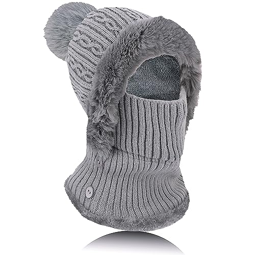 TAGVO Winter Warm Strickmütze Halswärmer-Sets, Damen Wintermütze Flexible Strickmütze mit Haarball, Balaclava Sturmhaube Weiches, Dickes Fleece gefüttert, Verstellbare Gesichtsmaske für Frauen von TAGVO