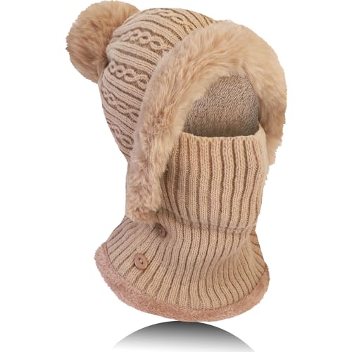 TAGVO Winter Warm Strickmütze Halswärmer-Sets, Damen Wintermütze Flexible Strickmütze mit Haarball, Balaclava Sturmhaube Weiches, Dickes Fleece gefüttert, Verstellbare Gesichtsmaske für Frauen von TAGVO