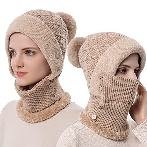 TAGVO Winter Warm Strickmütze Halswärmer Sets Damen, Weiches Dickes Fleece Gefüttert, Flexible Verstellbare Gesichtsmaske Wintermütze mit Haarball, Balaclava Sturmhaube Frauen Outdoor, Wintergeschenk von TAGVO