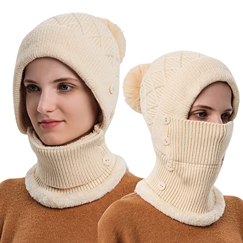 TAGVO Winter Warm Strickmütze Halswärmer Sets Damen, Weiches Dickes Fleece Gefüttert, Flexible Verstellbare Gesichtsmaske Wintermütze mit Haarball, Balaclava Sturmhaube Frauen Outdoor, Wintergeschenk von TAGVO