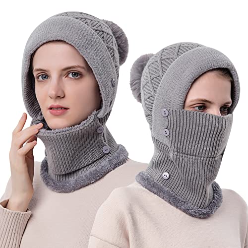 TAGVO Winter Warm Strickmütze Halswärmer Sets Damen, Weiches Dickes Fleece Gefüttert, Flexible Verstellbare Gesichtsmaske Wintermütze mit Haarball, Balaclava Sturmhaube Frauen Outdoor, Wintergeschenk von TAGVO