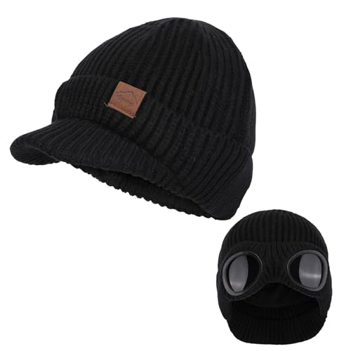 TAGVO Winter Warme Strickmütze, Winddichte Thermo Weiche Fleecefutter Skifahren Wandern Laufen Mütze mit Abnehmbarer Schutzbrille, Beanie Mütze Wollmütze Herren Beanymütze Wintermütze Damen Herren von TAGVO