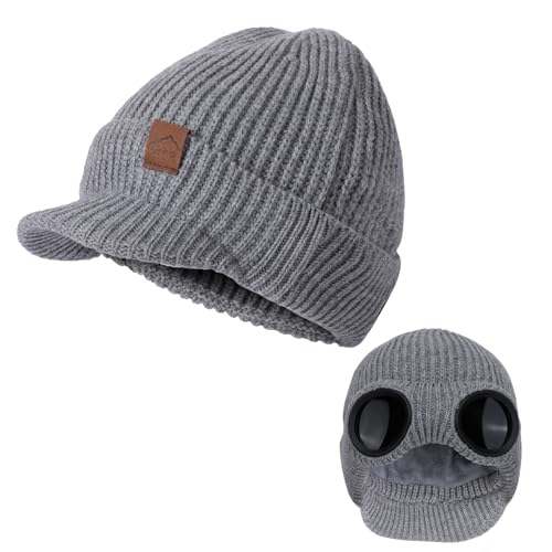 TAGVO Winter Warme Strickmütze, Winddichte Thermo Weiche Fleecefutter Skifahren Wandern Laufen Mütze mit Abnehmbarer Schutzbrille, Beanie Mütze Wollmütze Herren Beanymütze Wintermütze Damen Herren von TAGVO