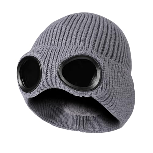 TAGVO Winter Warme Strickmütze, Winddichte Thermo Weiche Fleecefutter Skifahren Wandern Laufen Mütze mit Abnehmbarer Schutzbrille, Slouchy Thick Skull Cap für Männer Frauen Erwachsene Outdoor Sport von TAGVO