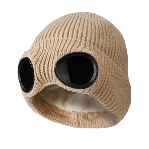 TAGVO Winter Warme Strickmütze, Winddichte Thermo Weiche Fleecefutter Skifahren Wandern Laufen Mütze mit Abnehmbarer Schutzbrille, Slouchy Thick Skull Cap für Männer Frauen Erwachsene Outdoor Sport von TAGVO