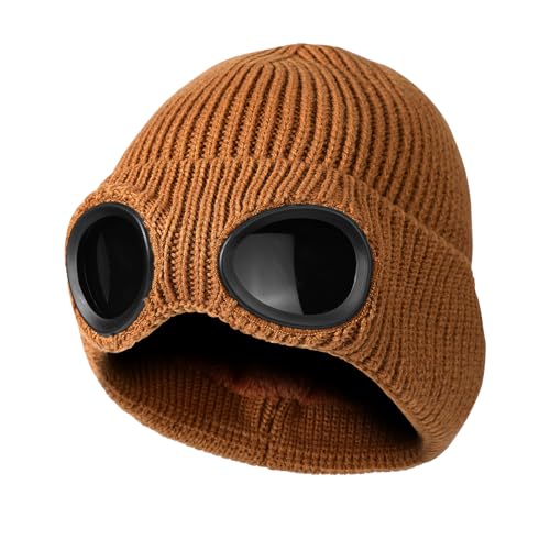 TAGVO Winter Warme Strickmütze, Winddichte Thermo Weiche Fleecefutter Skifahren Wandern Laufen Mütze mit Abnehmbarer Schutzbrille, Slouchy Thick Skull Cap für Männer Frauen Erwachsene Outdoor Sport von TAGVO