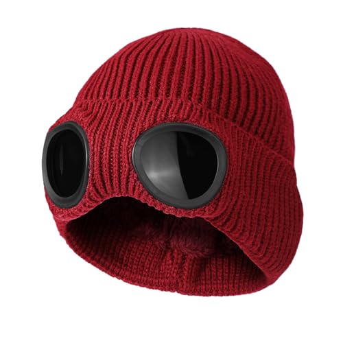 TAGVO Winter Warme Strickmütze, Winddichte Thermo Weiche Fleecefutter Skifahren Wandern Laufen Mütze mit Abnehmbarer Schutzbrille, Slouchy Thick Skull Cap für Männer Frauen Erwachsene Outdoor Sport von TAGVO