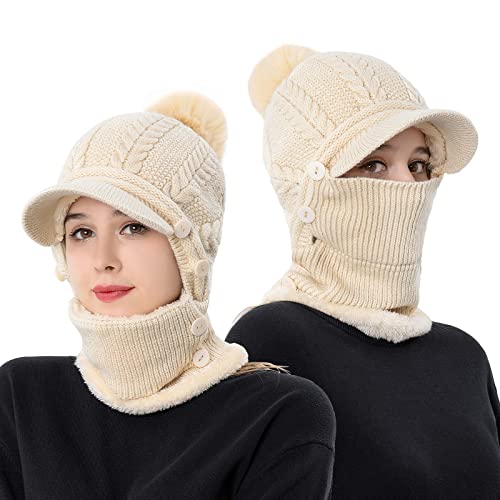 TAGVO Wintermütze Damen Schal Set, Winter warme Mütze Schal Set für Damen und Herren, Winter Warm Strickmütze&Halswärmer-Sets, Flexible Strickmütze mit Haarball für Frauen für Outdoor-Sportarten von TAGVO