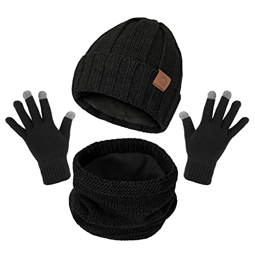 TAGVO Wintermütze und Loop Schal Touchscreen Handschuhe Herren Damen, Unisex Beanie Strickmütze Winterschal Thermo Handschuhe, Warme Knit Hut Loop Schal für Ski 3-in-1 Winter-Set Schwarz von TAGVO