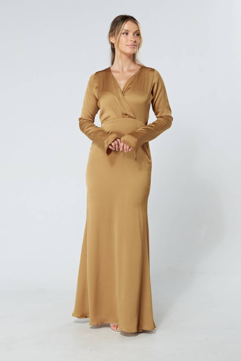 Alessandra Gold Satin-Feeling Crepe Maxi Kleid von TAHLIRA