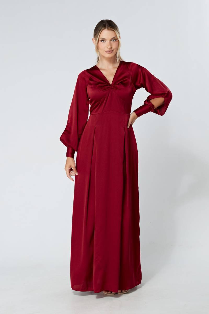 Delilah Dunkelrotes Maxikleid Aus Satinkrepp Mit Gerafften Ärmeln von TAHLIRA