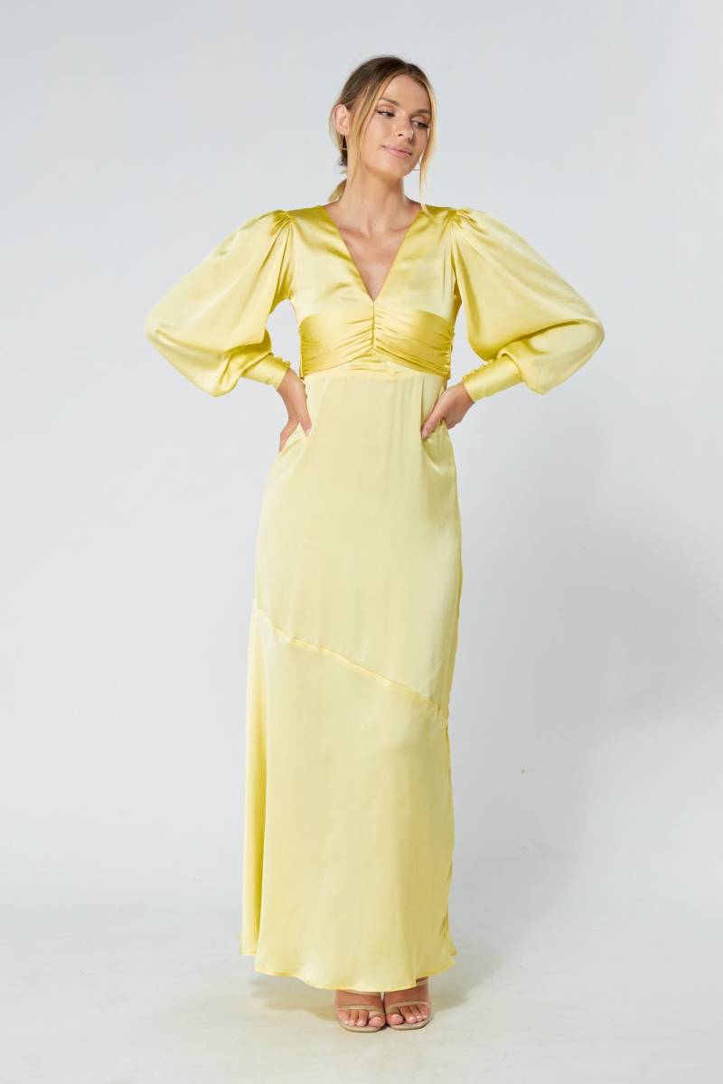 Naomi Gelbes Satin-Crepe Maxi Kleid Mit Langen Ärmeln von TAHLIRA
