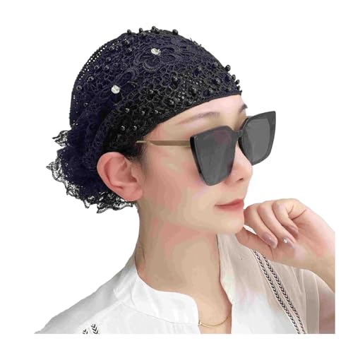 Damen Kopfbedeckung mit floralem Spitzenmuster, weiche Spitze, muslimische Frauen, Kopftuch, Mütze, Ornament, Perlen-besetzt, florales Spitzen-Stirnband, schwarz von TAHUAON