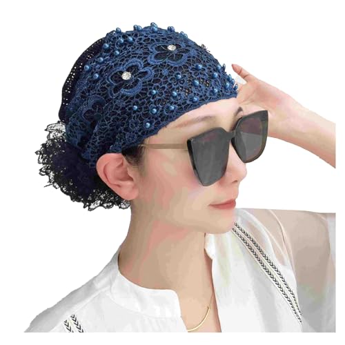 Damen Kopfbedeckung mit floralem Spitzenmuster, weiche Spitze, muslimische Frauen, Kopftuch, Mütze, Ornament, Perlenbesetzt, florales Spitzen-Stirnband, Marineblau von TAHUAON