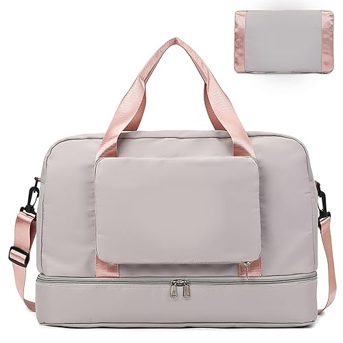 Faltbare Wochenendtasche für Damen, Krankenhaustasche mit Schuhfach und Nassfach, wasserabweisend, Sporttasche, Reisetasche für Damen und Herren, Grau & Rosa, Farbe A von TAHUAON