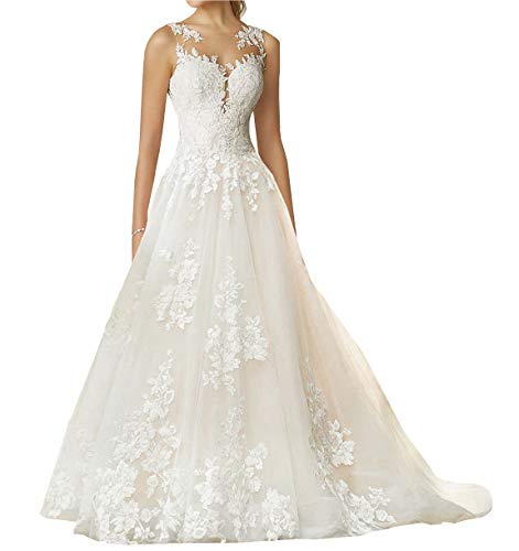 TAIGUHUI Brautkleid Damen Retro Lange Spitze Brautkleid Prom Kleid, Cremefarben, 34 von TAIGUHUI