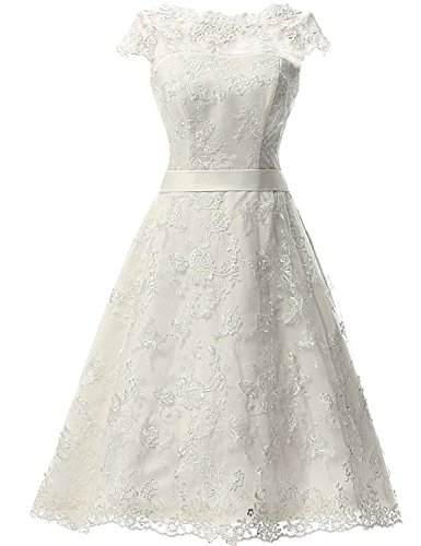 TAIGUHUI Brautkleid Kurze Frauen Spitze Kleid Kurzarm Strand, Cremefarben, 36 von TAIGUHUI