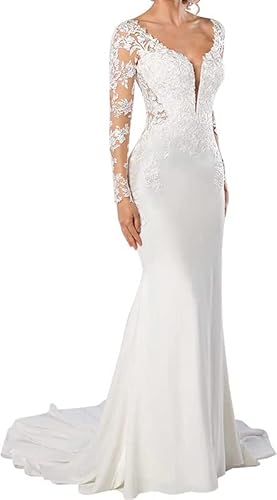 TAIGUHUI Brautkleider Standesamt Brautkleider Meerjungfrau Lange Spitze Brautkleid mit Zug, Elfenbein, 32 von TAIGUHUI