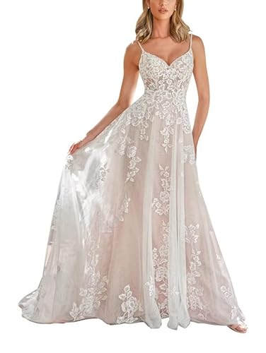 TAIGUHUI Damen Blumige Spitze Brautkleid Boho Braut Spaghetti Träger Standesamt Kleid, Elfenbein, 44 von TAIGUHUI
