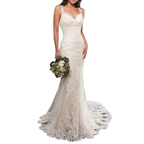 TAIGUHUI Meerjungfrau Brautkleid Lange Spitze Backless Brautkleid Zivilbüro Brautkleider, Elfenbein, 44 von TAIGUHUI