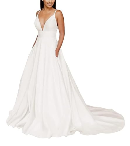 TAIGUHUI Spaghetti Träger Satin Brautkleid Brautkleider Tief Satin Spitze Brautkleider, Beige, 38 von TAIGUHUI