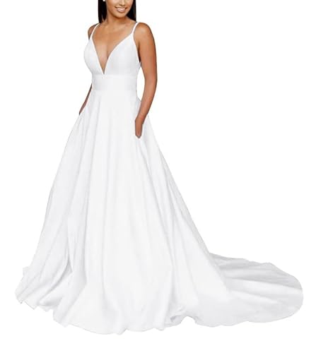 TAIGUHUI Spaghetti Träger Satin Brautkleid Brautkleider Tief Satin Spitze Brautkleider, Weiß, 38 von TAIGUHUI