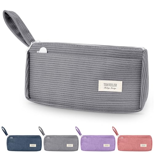 TAIHOBO Federmäppchen Mäppchen Aesthetic, Cord-Stoff Federtasche, Mäppchen Groß Federmappe Etui 2 Fach, Große Kapazität Pencil Case, Waschbar Stiftemäppchen für Schulsachen und Büro (Zementgrau) von TAIHOBO