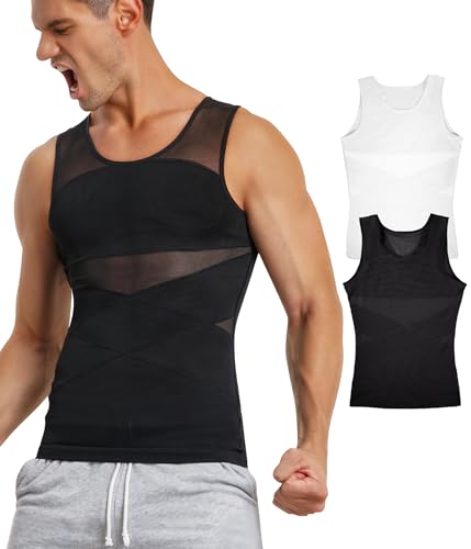 TAILONG Herren Kompressionsshirt für Body Shaper Schlankheits Weste Enge Bauch Unterwäsche Tank Top, Schwarz/Weiß, 2 Stück, 3X-Groß von TAILONG