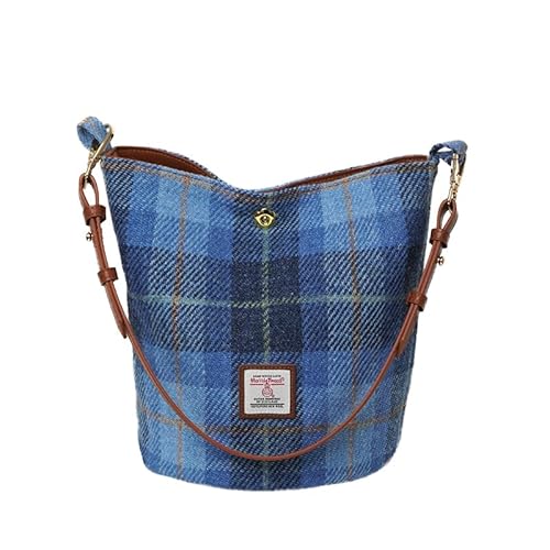 Damen-Umhängetasche/Handtasche aus Harris Tweed, Beuteltasche mit zwei Leder-Trägern, Blau kariert von TAILORMAP