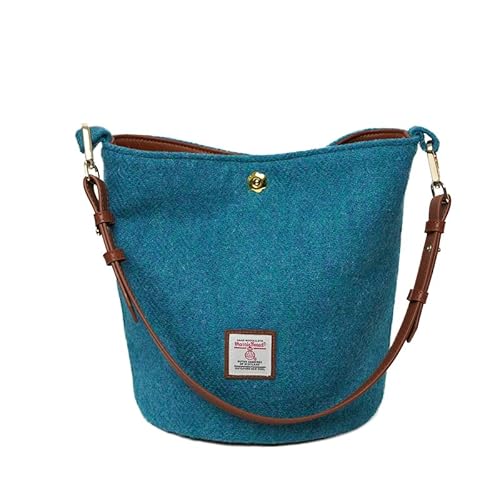 Damen-Umhängetasche/Handtasche aus Harris Tweed, Beuteltasche mit zwei Leder-Trägern, Blau von TAILORMAP