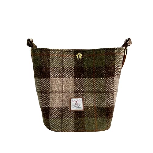 Damen-Umhängetasche/Handtasche aus Harris Tweed, Beuteltasche mit zwei Leder-Trägern, braun grün von TAILORMAP