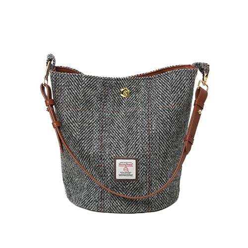TAILORMAP Harris Tweed Frauen Bucket Bag Schultertasche Handtasche mit zwei Arten von Lederriemen, GRAU von TAILORMAP