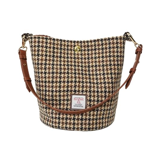 TAILORMAP Harris Tweed Frauen Bucket Bag Schultertasche Handtasche mit zwei Arten von Lederriemen, No.3528 Hahnentritt von TAILORMAP