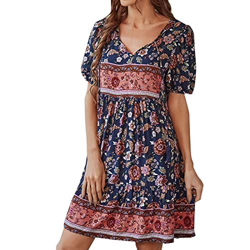 TAIMOWEI Sommerkleid Damen Tunika Kleid 3/4 Ärmel V Ausschnitt Schnürung Fransen Blumendruck Boho Damenkleid Blumenkleid Abendkleid Rüschen Strandkleid Cocktailkleid Mini Kleider von TAIMOWEI