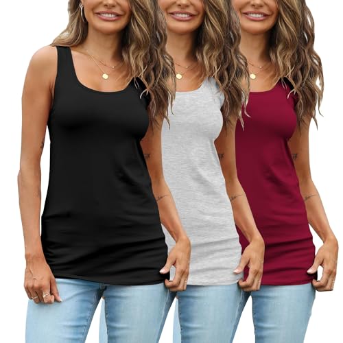 Damen Extra Lange Tank Tops Baumwolle Camisoles Basic Layering Sleeveless Unterhemden 3er-Pack, Schwarz/Grau/Weinrot, XX-Large von TAIPOVE