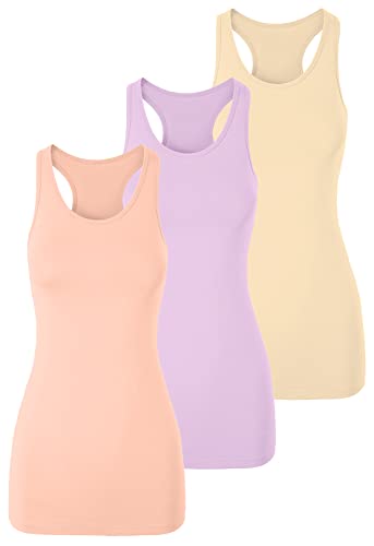 TAIPOVE 3 Packungen Damen Racerback Lange Weste Top Tank T-Shirt Casual Ärmellos Athletic Activewear Stretch, Blassrosa/Violett/Beige, XXX-Large von TAIPOVE