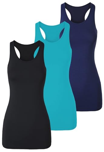 TAIPOVE Damen Racerback Tank Top Lange Camisole Ärmellos Yoga Shirts Workout Tops 3er Pack, Schwarz/Aqua/Marineblau, Groß von TAIPOVE